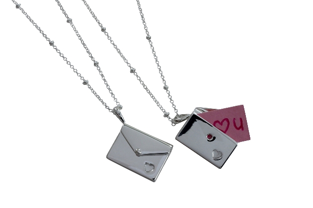 silver necklace as envelopes with pink letter attached