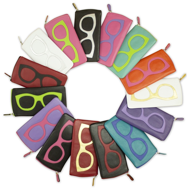 group set of colourful leather glasses cases bold colours with contrast glasses motif