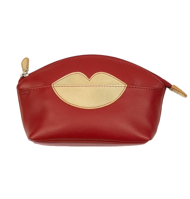 red leather makeup bag with gold lips and zip