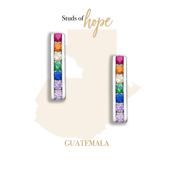 silver long bar earring with multicoloured stones