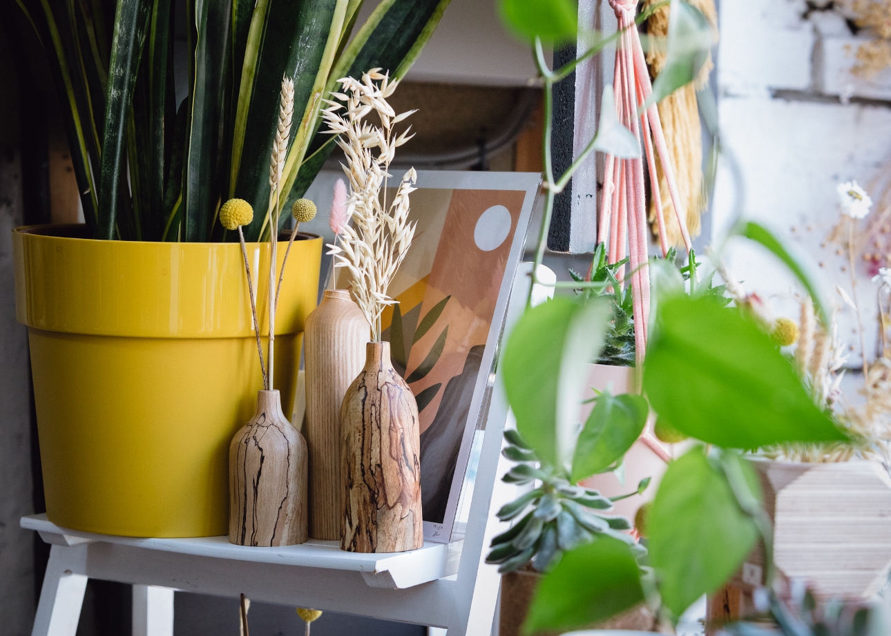 wooden vases next to a plant pot on a shelf