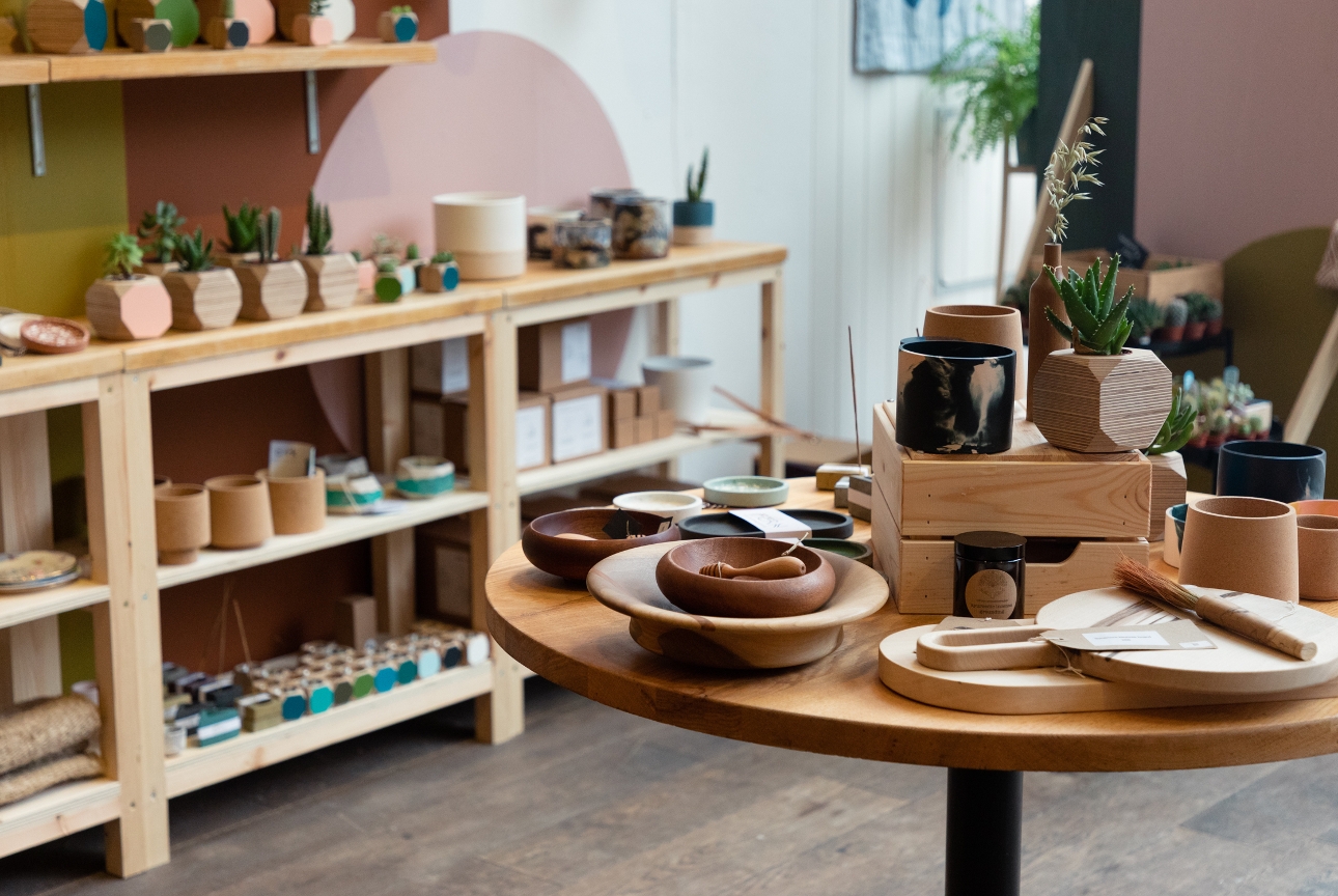 wooden gifts on a table in a shop