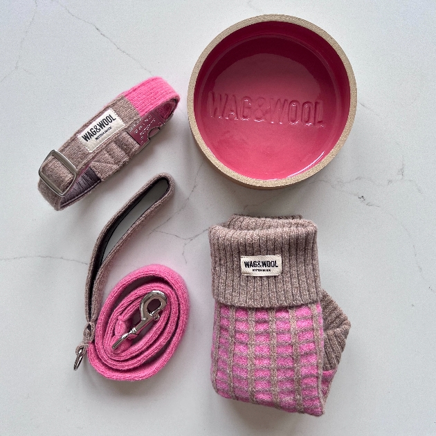 pink dog bowl and lead set