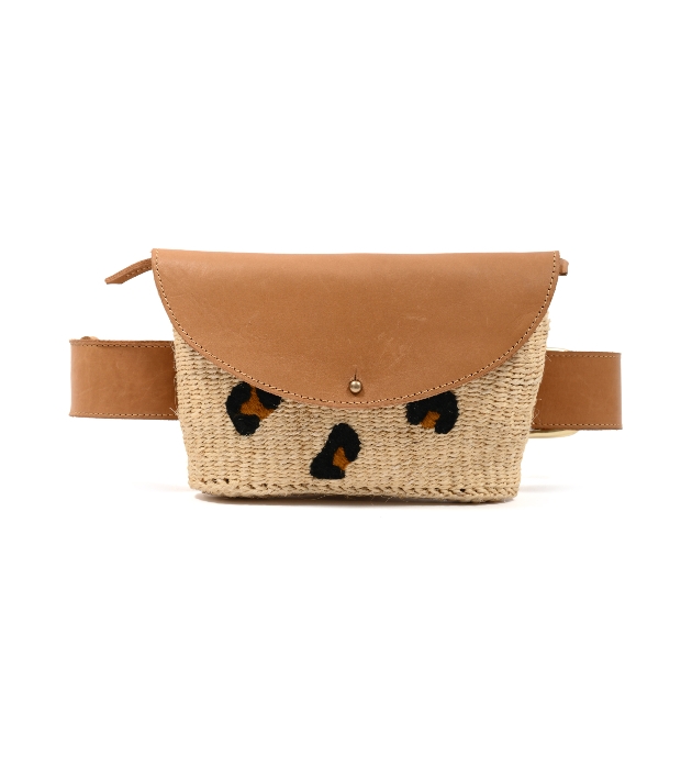 tan and print belt bag