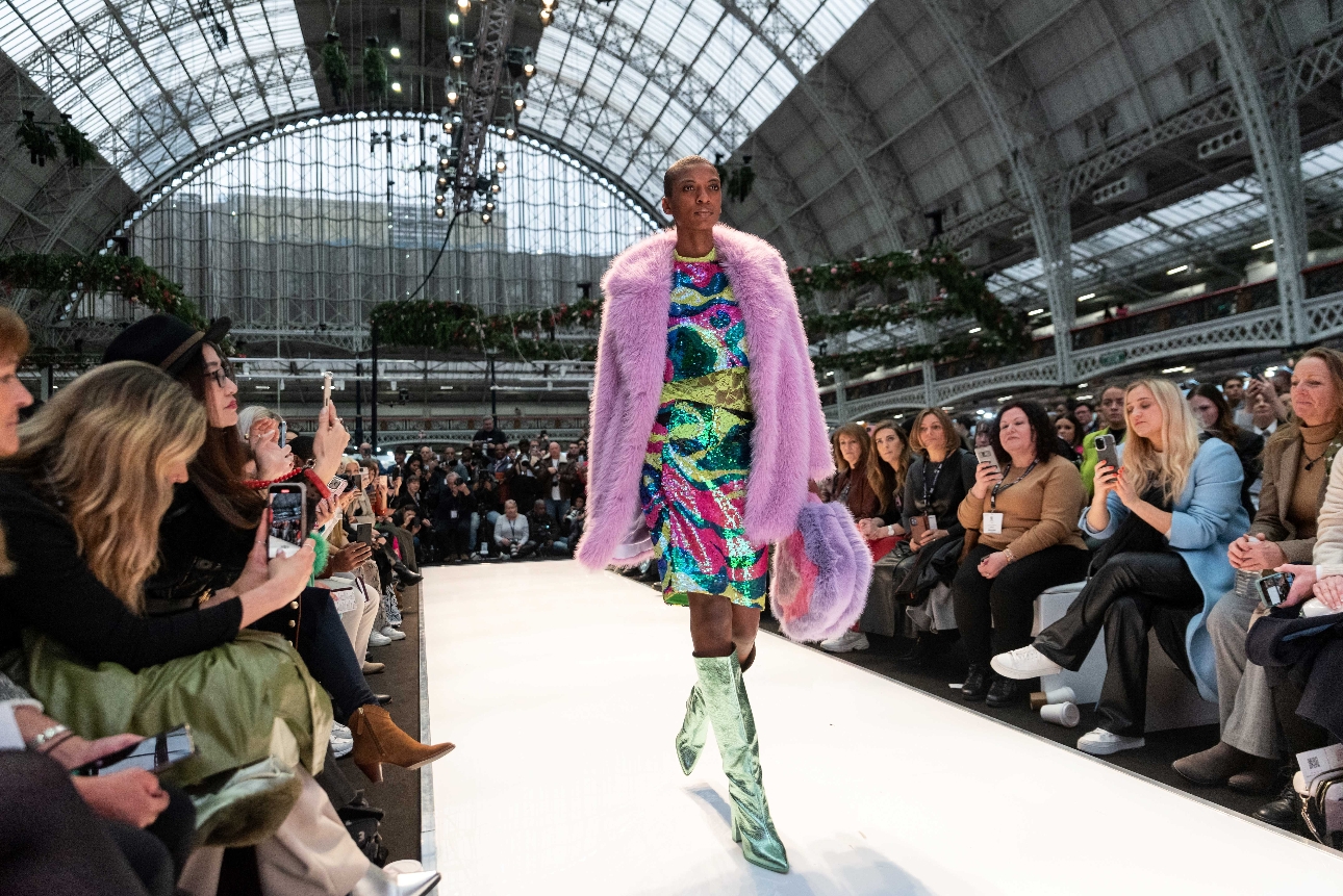 Pure London catwalk model in sequin dress and fluffy jacket