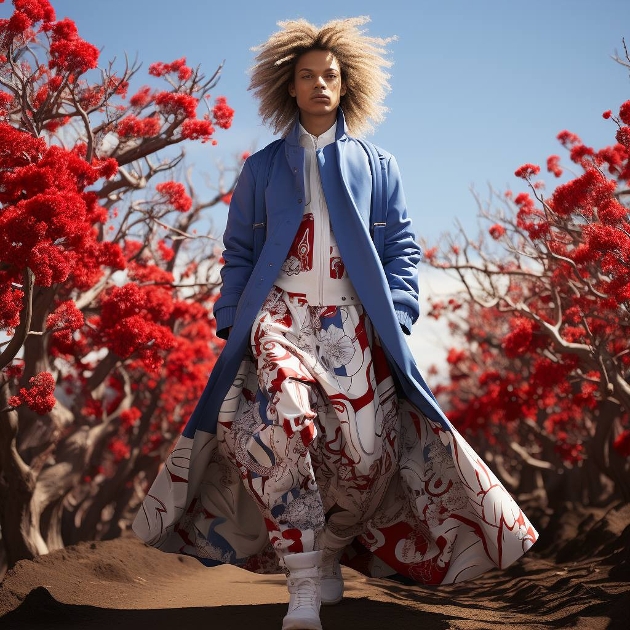 model in patterned clothes with blue overcoat