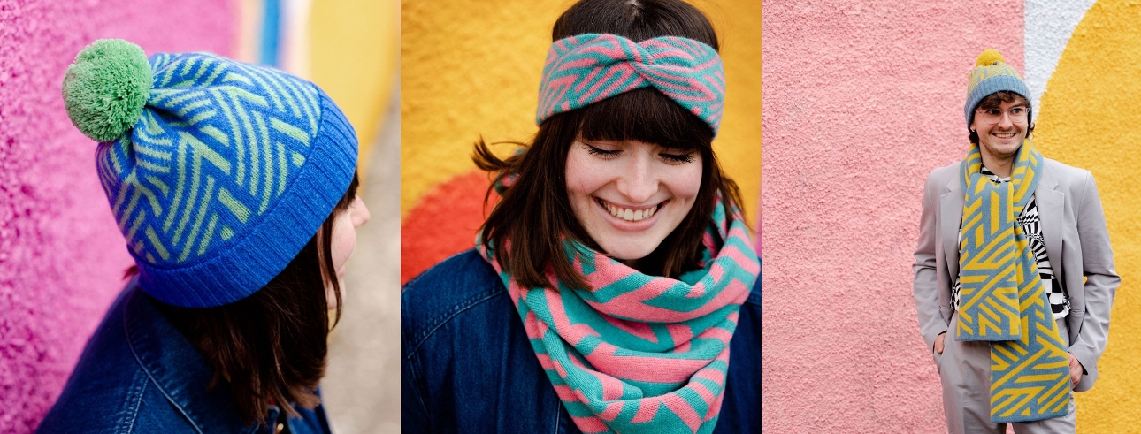 three images of models in wool accessories