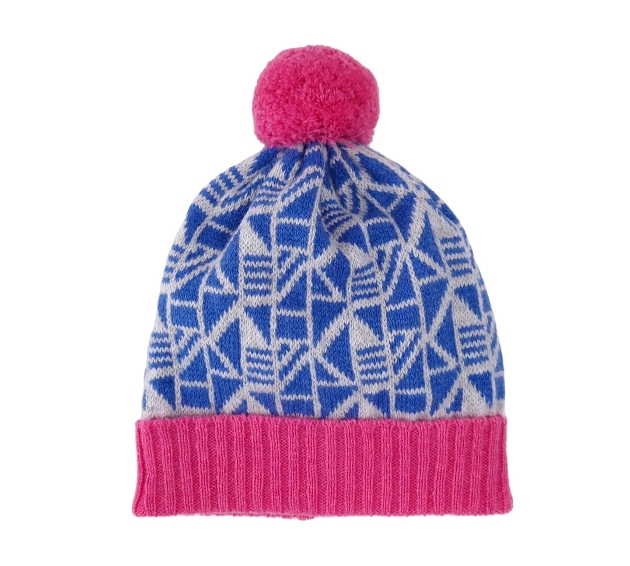 pink and blue woolly hat 