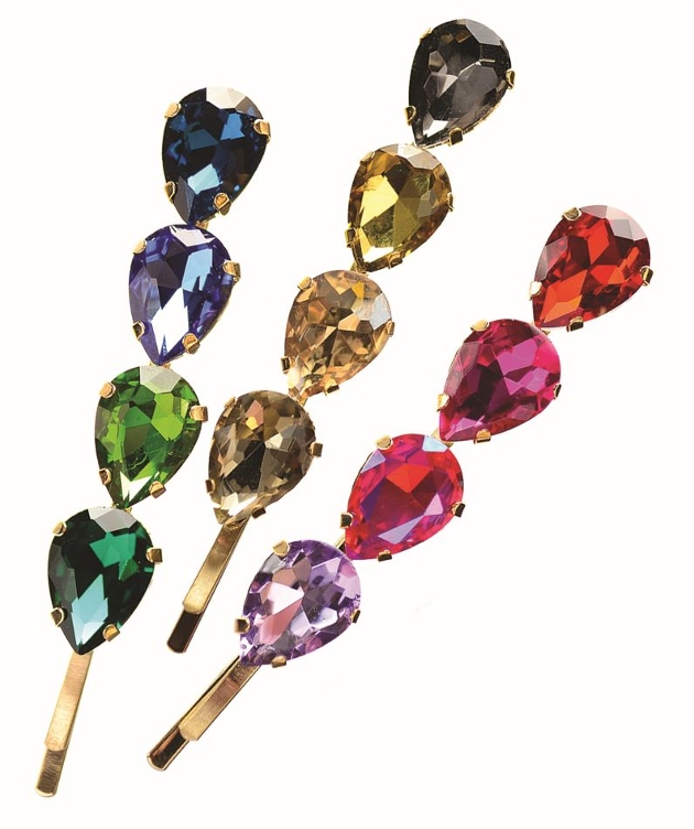 three coloured diamante hair clips