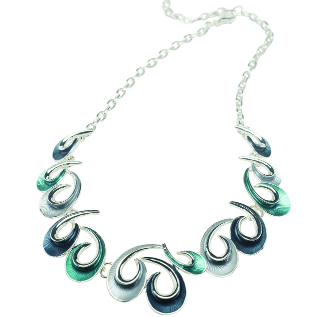 blue and green necklace, silver chains, swirl design