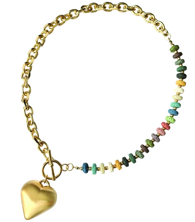 gold bracelet with a gold heart and colour beads down one side