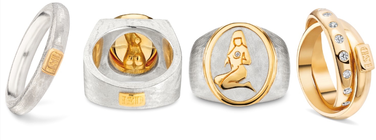 row f signet rings in gold and silver with female designs